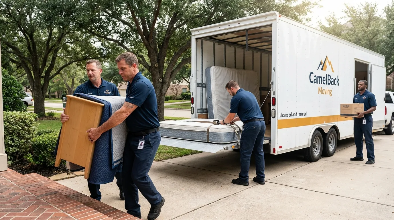 Crew loading residential truck for cross-state move from South Elgin, IL