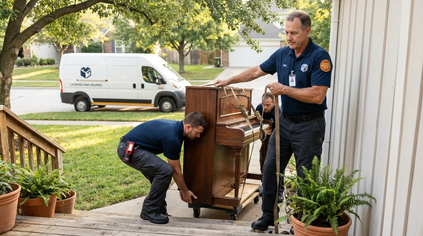 Licensed piano movers securing grand piano in South Elgin, IL