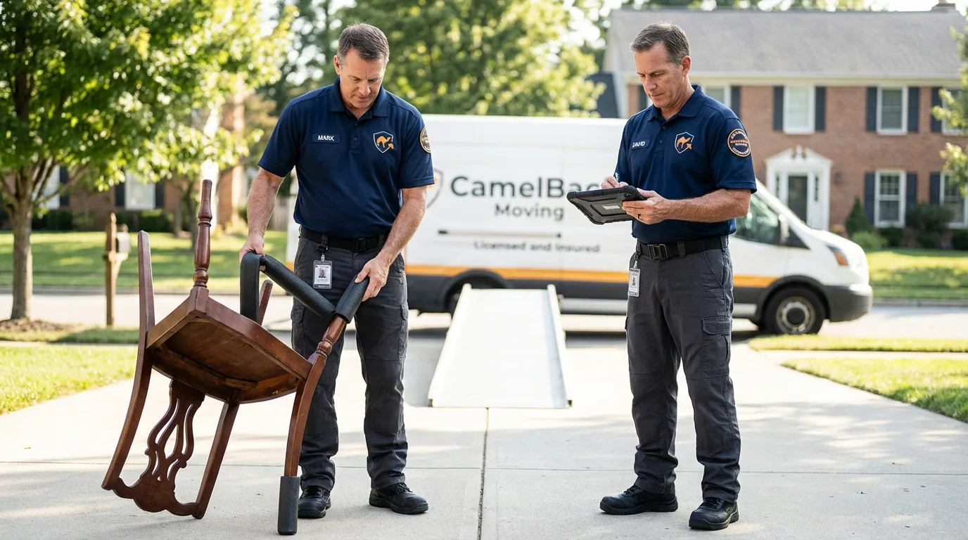 Movers inspecting furniture for damage prevention before loading in South Elgin, IL