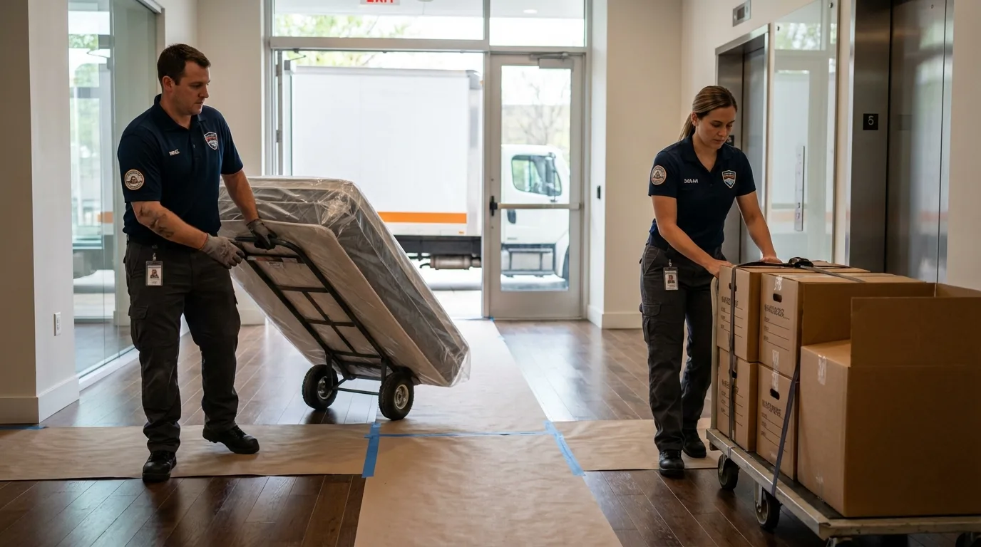 Professional apartment movers loading elevator in South Elgin, IL
