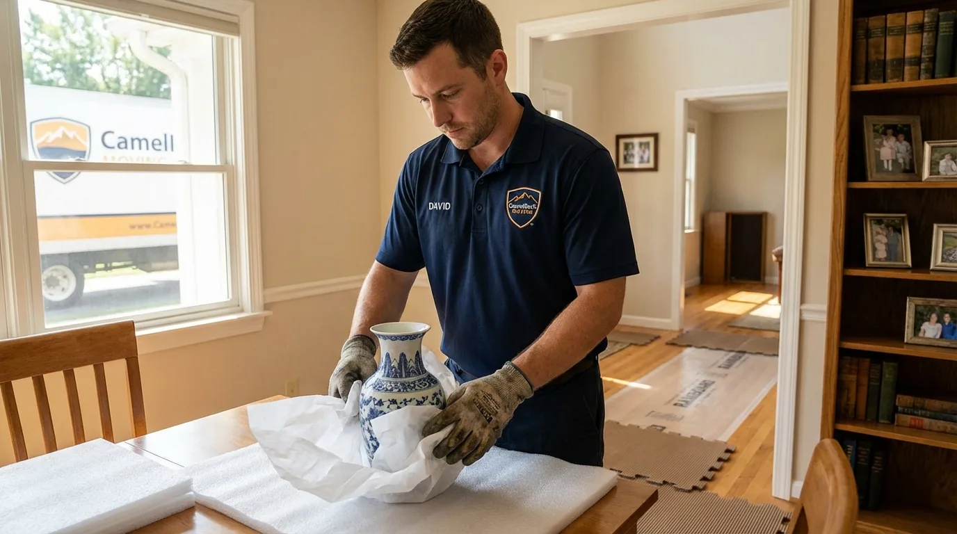 Professional crew carefully wrapping antique vase for senior downsizing move in South Elgin, IL